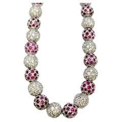 Pave Round Beads Natural Diamond and Lab Ruby 14 Karat White Gold Necklace 