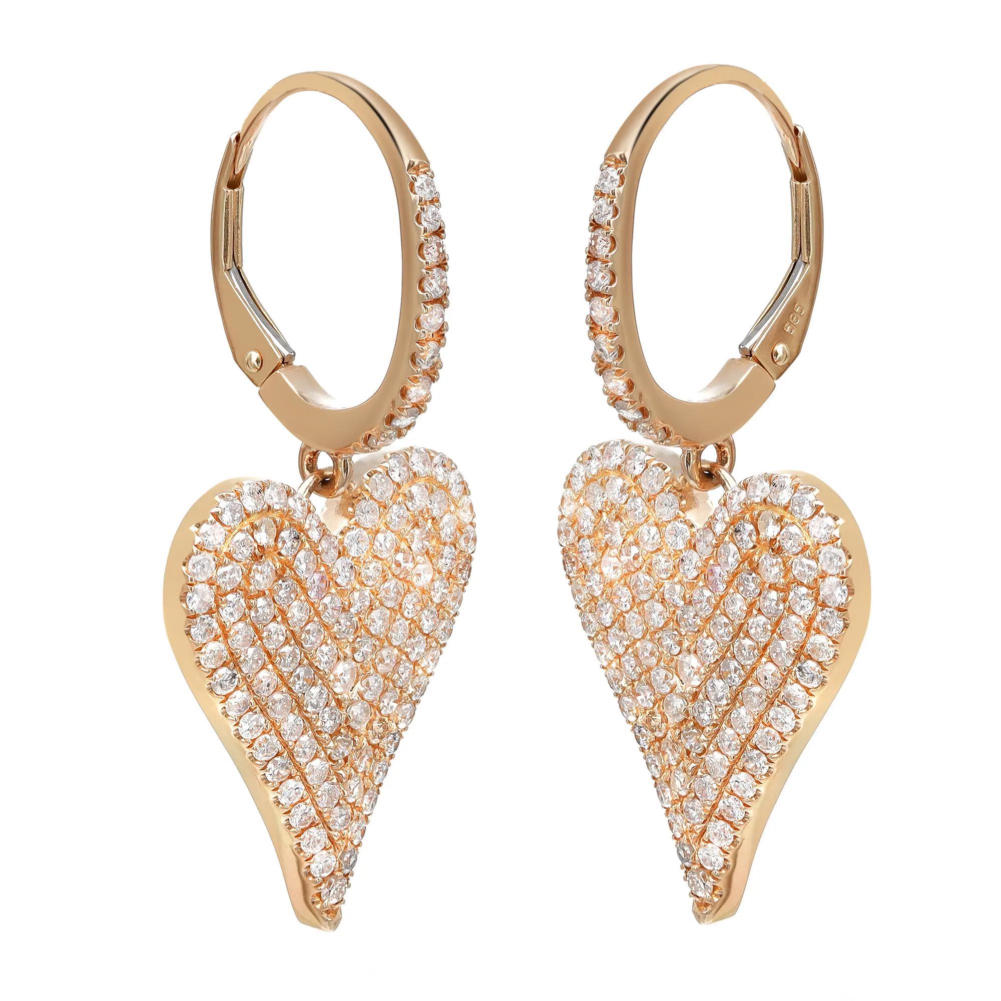 Modern Pave Round Cut Diamond Heart Drop Earrings 14K Yellow Gold 2.00Cttw For Sale