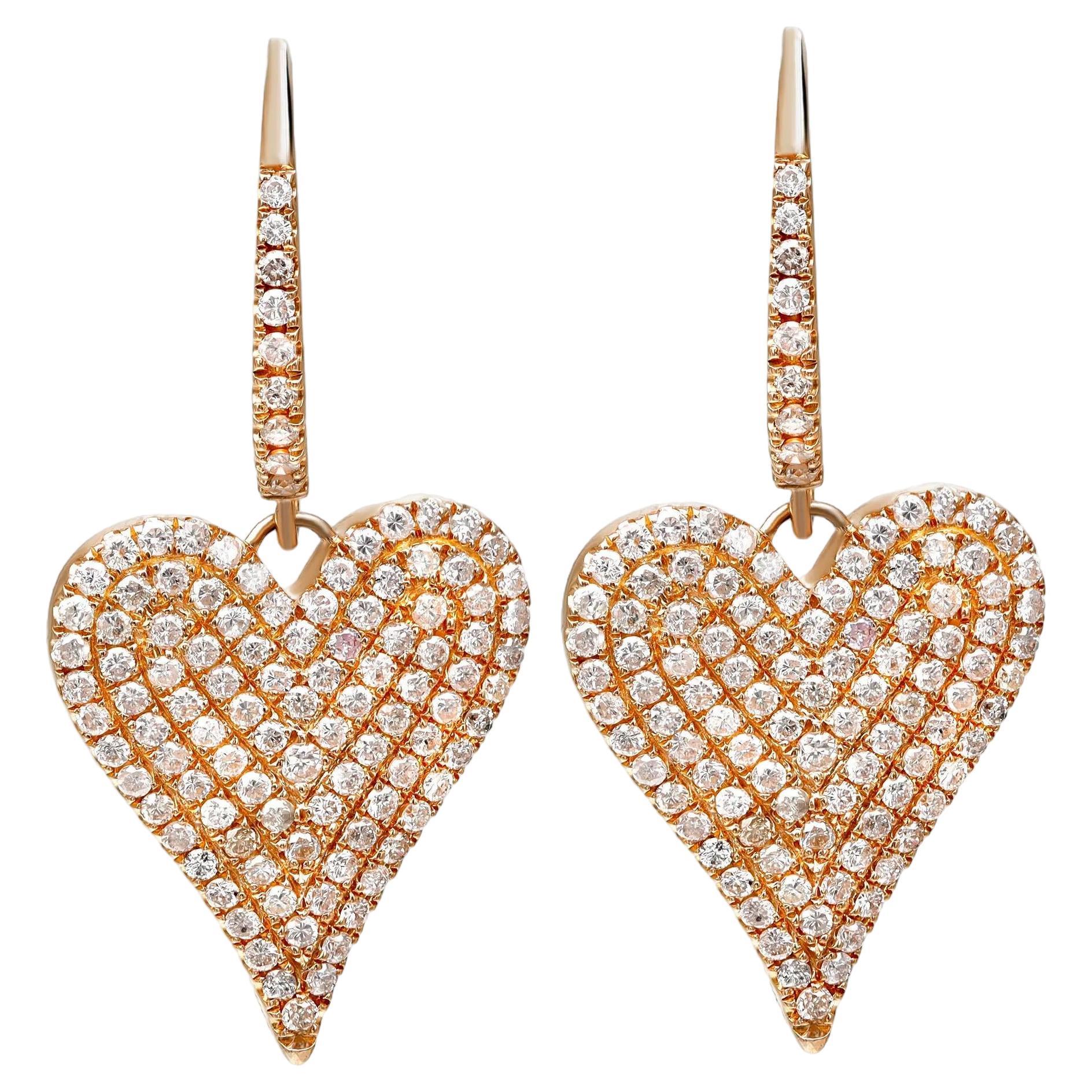 Pave Round Cut Diamond Heart Drop Earrings 14K Yellow Gold 2.00Cttw