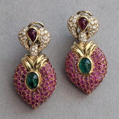 Pave Ruby and Diamond & Emerald Doorknocker Earrings in 18k Yellow Gold