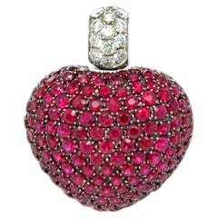 Pavé Ruby and Diamond Three-Dimensional Heart Pendant in 18 Carat White Gold