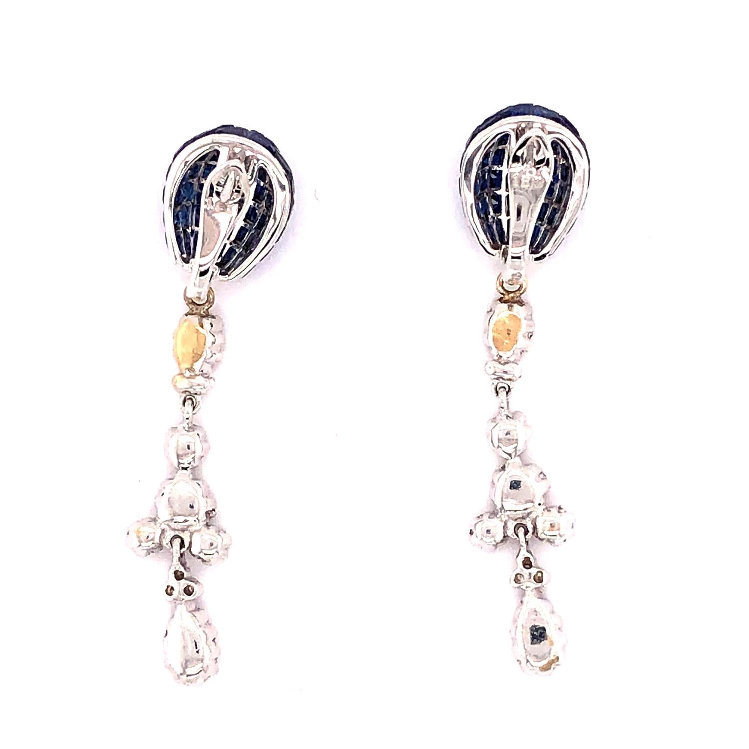 Contemporary Blue Sapphire Top In Pressure Setting With Ice Diamond Dangle Earrings For Sale
