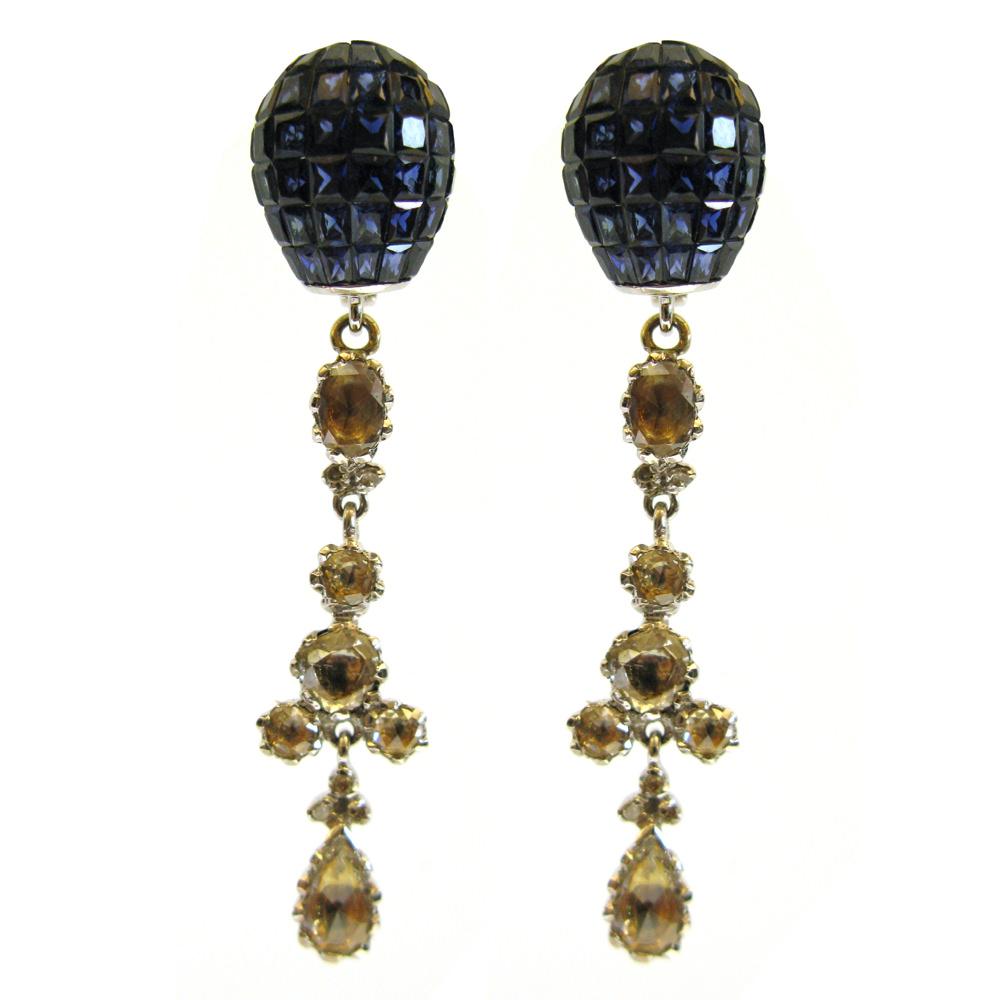 Mixed Cut Blue Sapphire Top In Pressure Setting With Ice Diamond Dangle Earrings For Sale