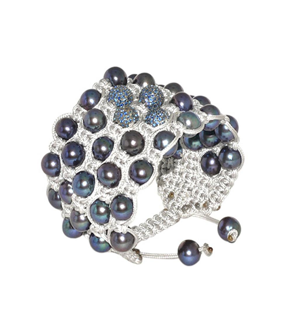 Artisan Pave Sapphire Beads & Pearl Macrame Bracelet Made In Silver For Sale