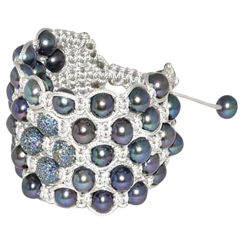 Pave Sapphire Beads & Pearl Macrame Bracelet Made In Silver
