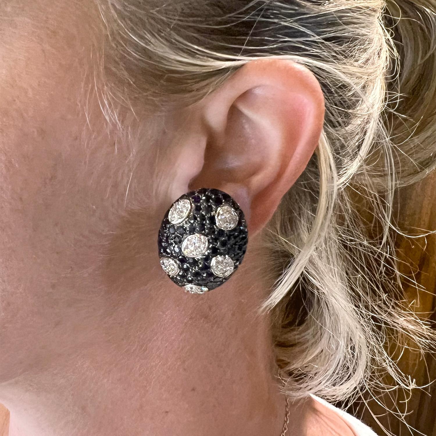 Women's Pavé Sapphire Diamond Domed Polka Dot Earrings For Sale