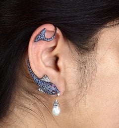 Pave Sapphire Fish Charm Ear Climber With Ruby Eyes & Pearl In 18k Gold & Silver