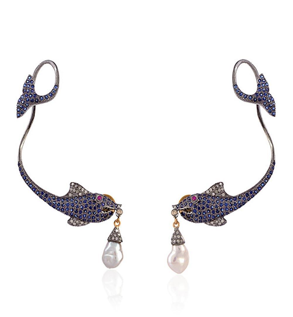 Mixed Cut Pave Sapphire Fish Charm Ear Climber With Ruby Eyes & Pearl In 18k Gold & Silver For Sale