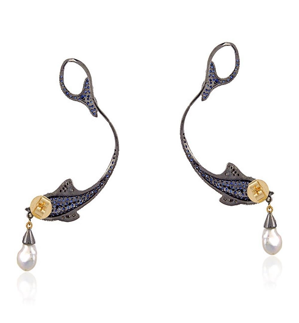 Pave Sapphire Fish Charm Ear Climber With Ruby Eyes & Pearl In 18k Gold & Silver In New Condition For Sale In New York, NY