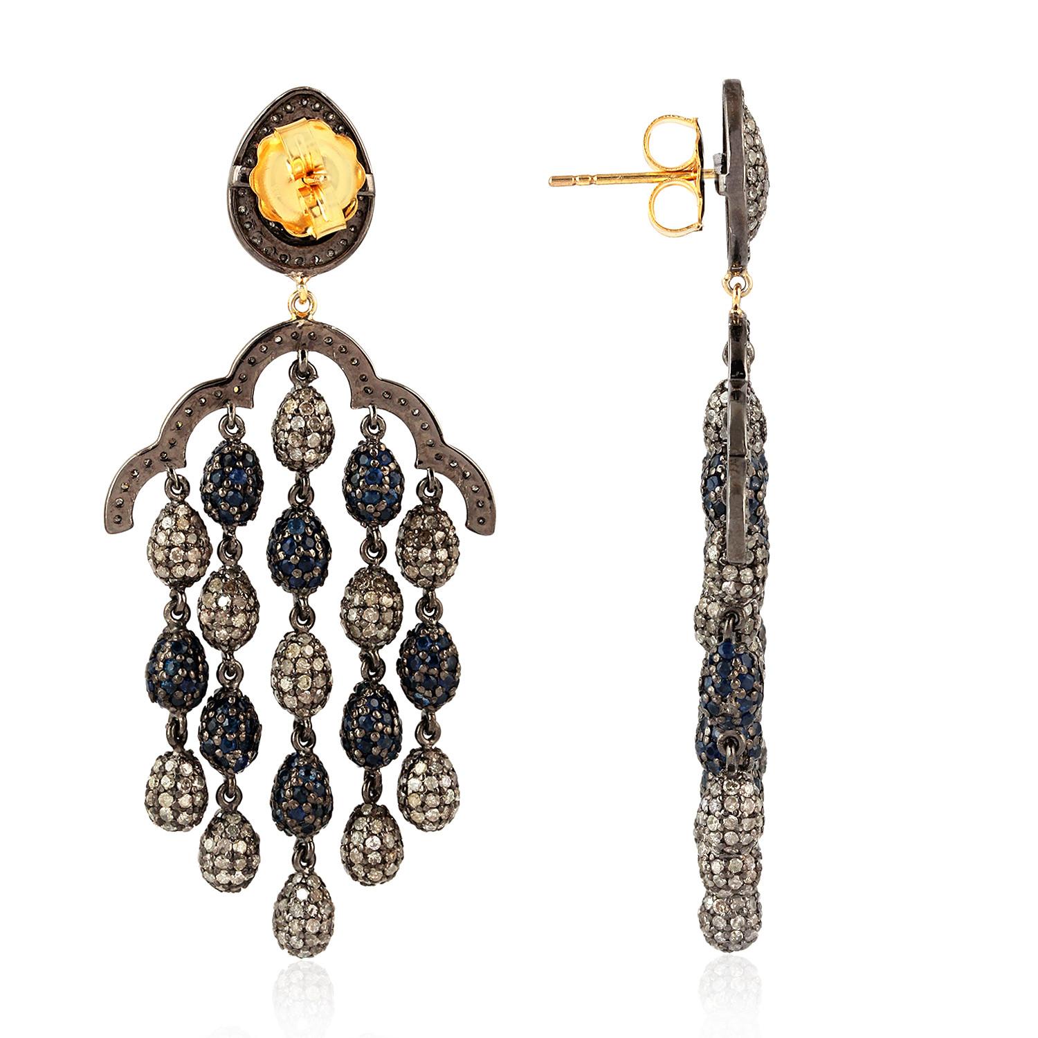 Contemporary Pave Sapphire & Pave Diamond Drops Chandelier Earrings Made In 14k Gold & Silver For Sale