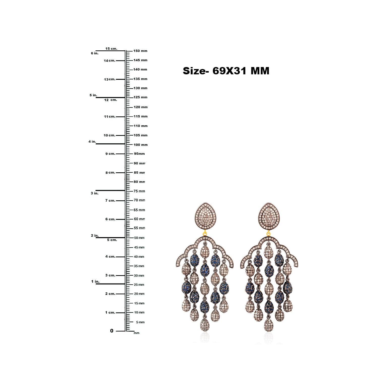 Mixed Cut Pave Sapphire & Pave Diamond Drops Chandelier Earrings Made In 14k Gold & Silver For Sale