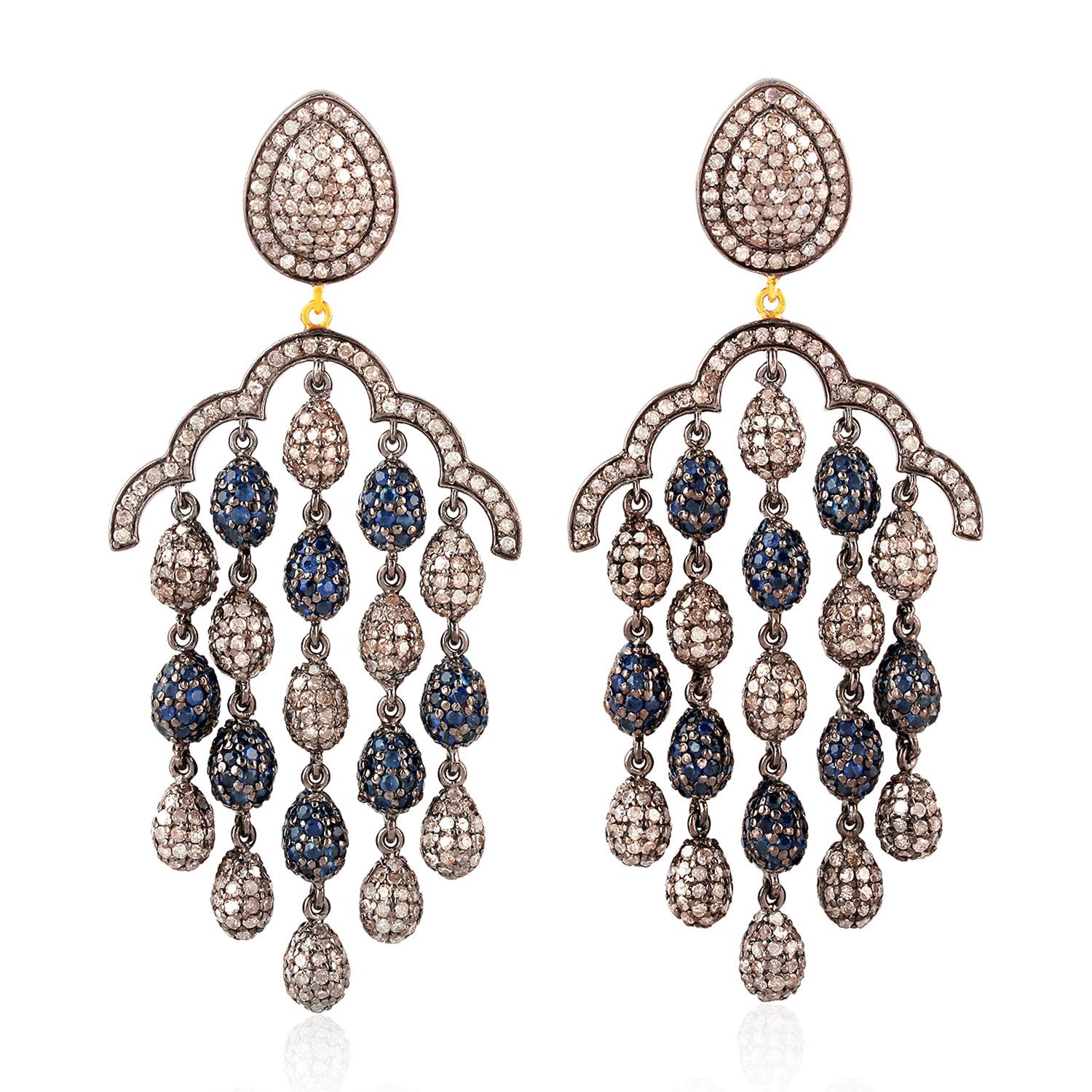 Pave Sapphire & Pave Diamond Drops Chandelier Earrings Made In 14k Gold & Silver In New Condition For Sale In New York, NY