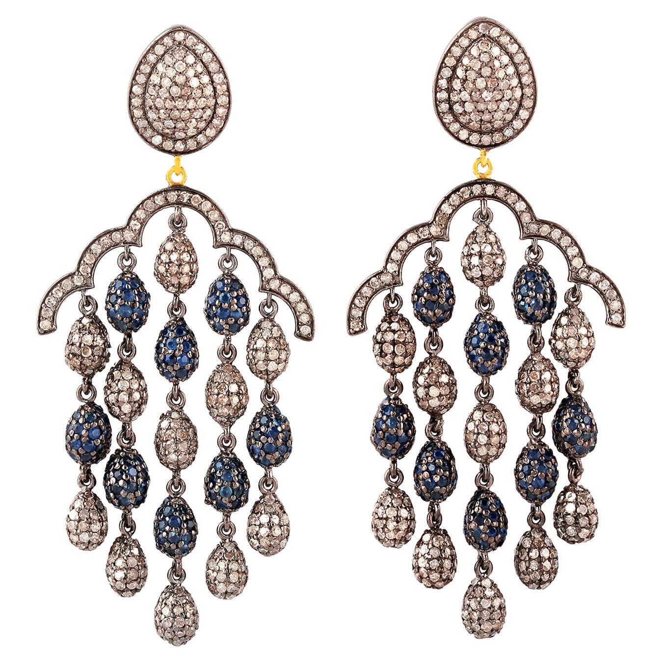 Boucles d'oreilles chandelier en or et argent 14k avec saphirs et diamants pavés