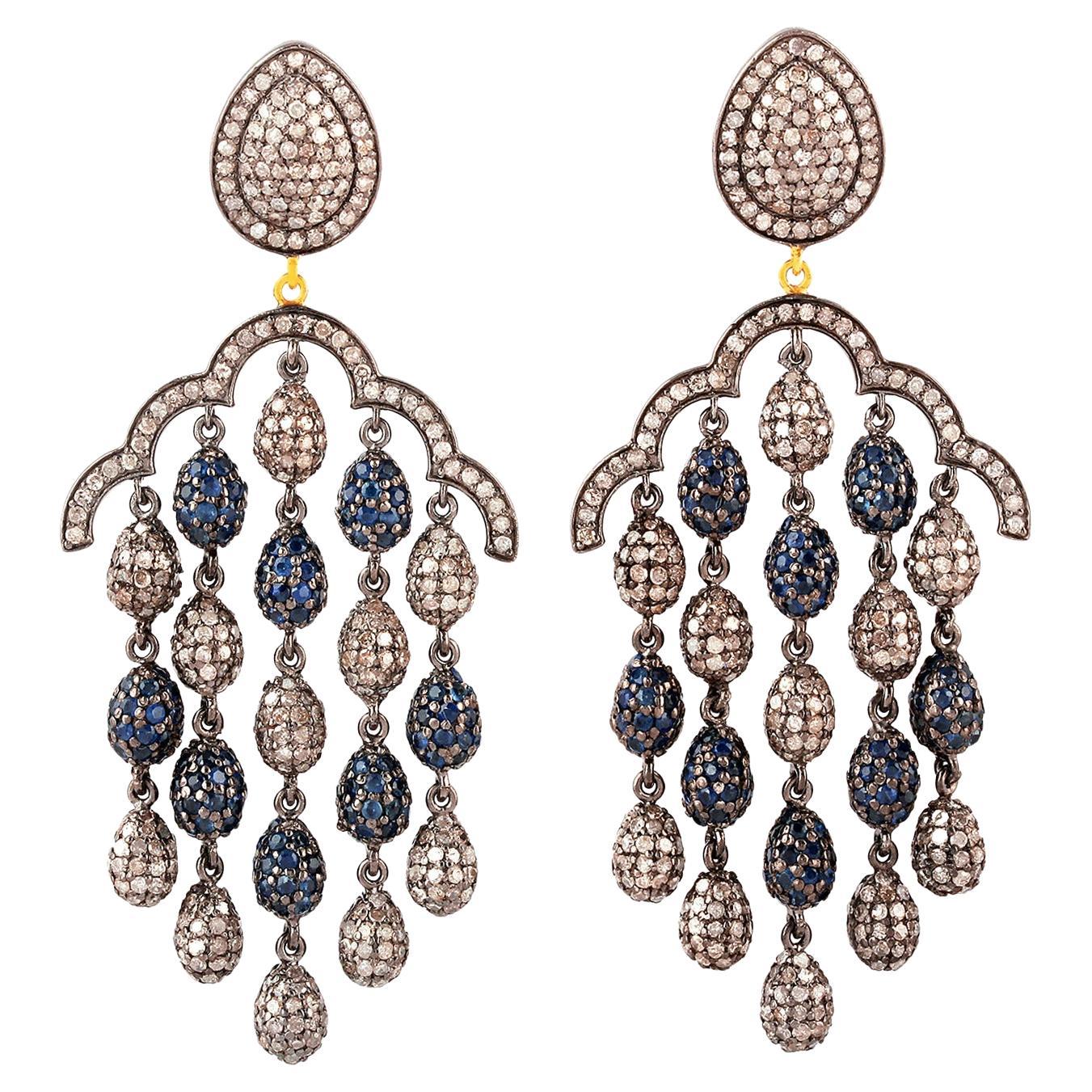 Pave Sapphire & Pave Diamond Drops Chandelier Earrings Made In 14k Gold & Silver For Sale