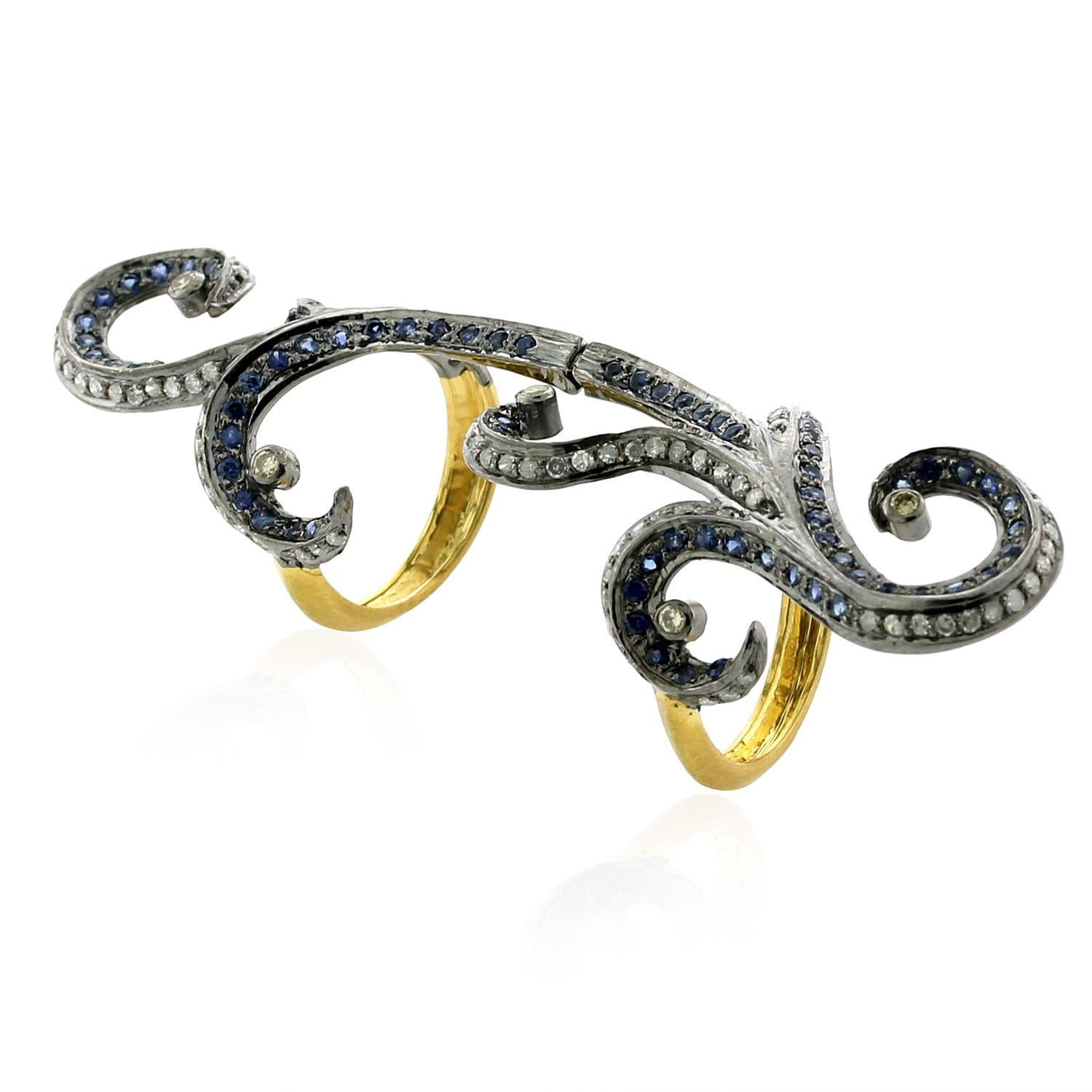 Artisan Pave Sapphire & Pave Diamonds Antique Looking Long Ring in 18k Gold & Silver For Sale