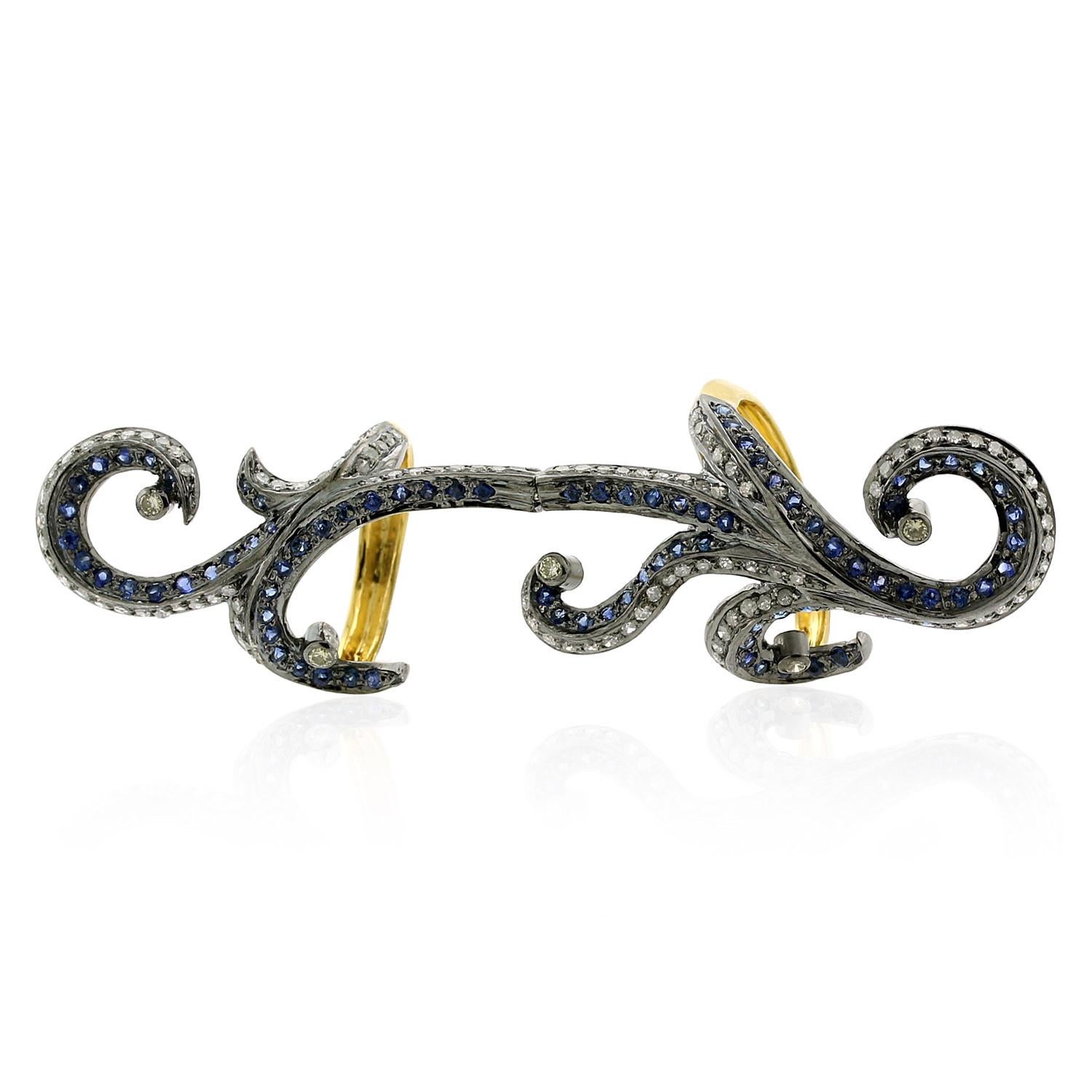 Antik aussehender langer Ring aus 18 Karat Gold und Silber mit Pavé-Saphir und Pavé-Diamanten (Gemischter Schliff) im Angebot