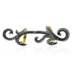 Pave Sapphire & Pave Diamonds Antique Looking Long Ring in 18k Gold & Silver