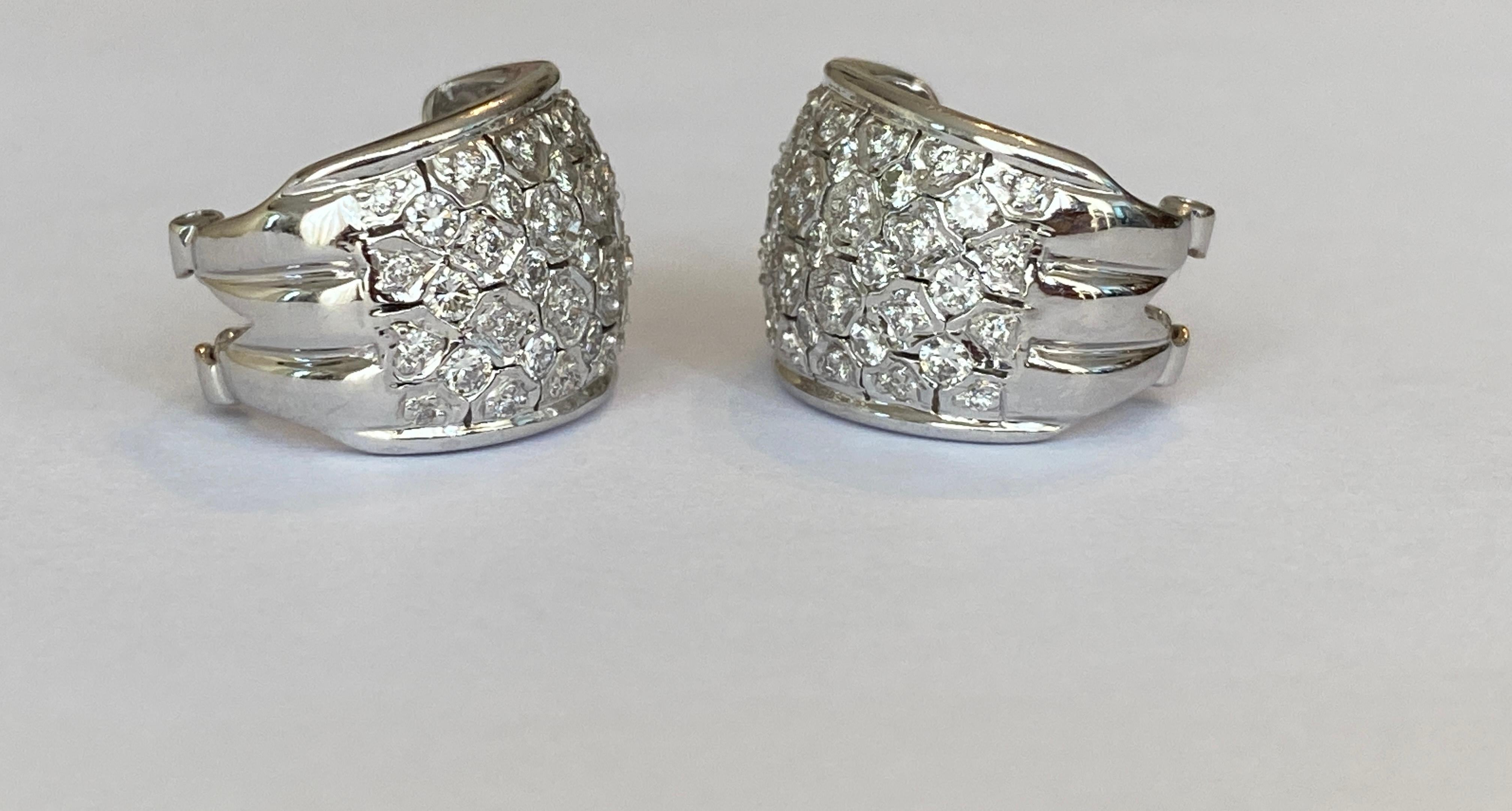 Brilliant Cut Pave Set 2.22 ct Diamond and White Gold Hoop Clip Earrings For Sale