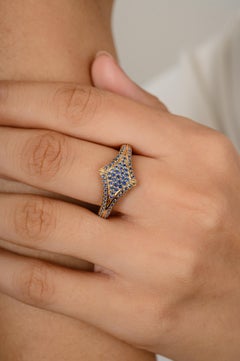 Pave Set Blue Sapphire Wedding Ring Gift for Women in 14k Solid Yellow Gold