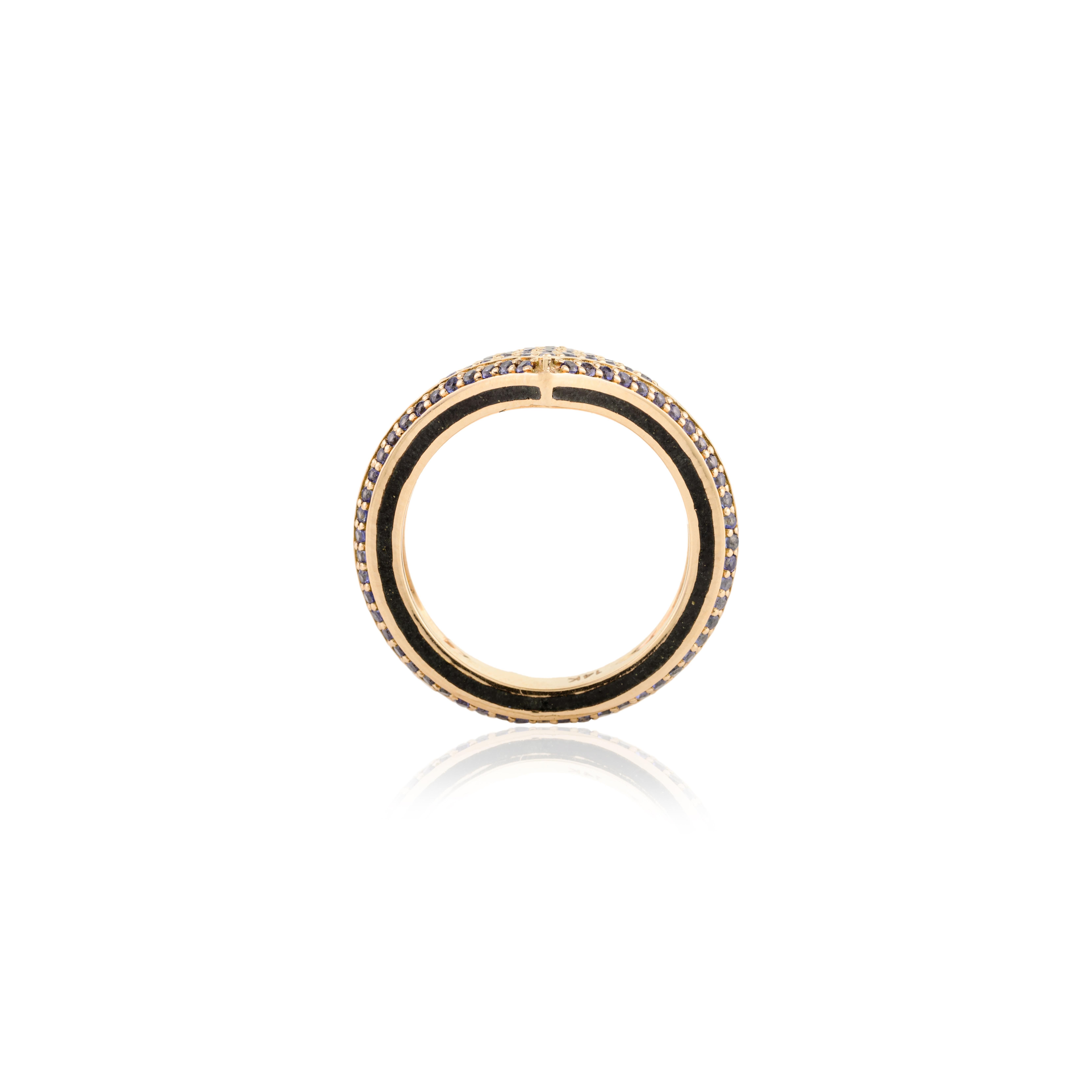 En vente :  Bague de mariage pour femmes en or jaune massif 14 carats sertie de saphirs bleus pavés 8