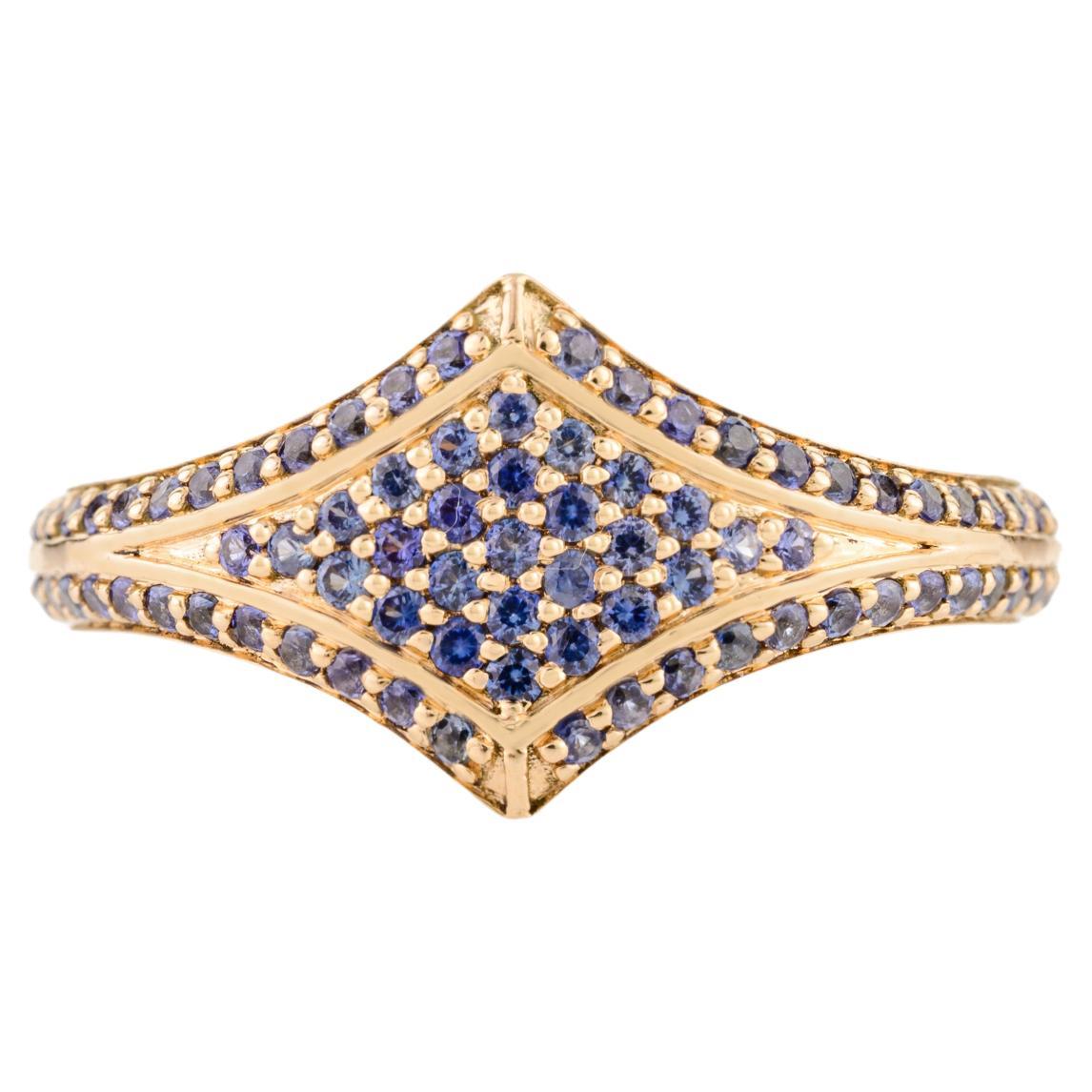 Pave Set Blue Sapphire Wedding Ring Gift for Women in 14k Solid Yellow Gold