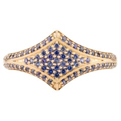 Bague de mariage pour femmes en or jaune massif 14 carats sertie de saphirs bleus pavés
