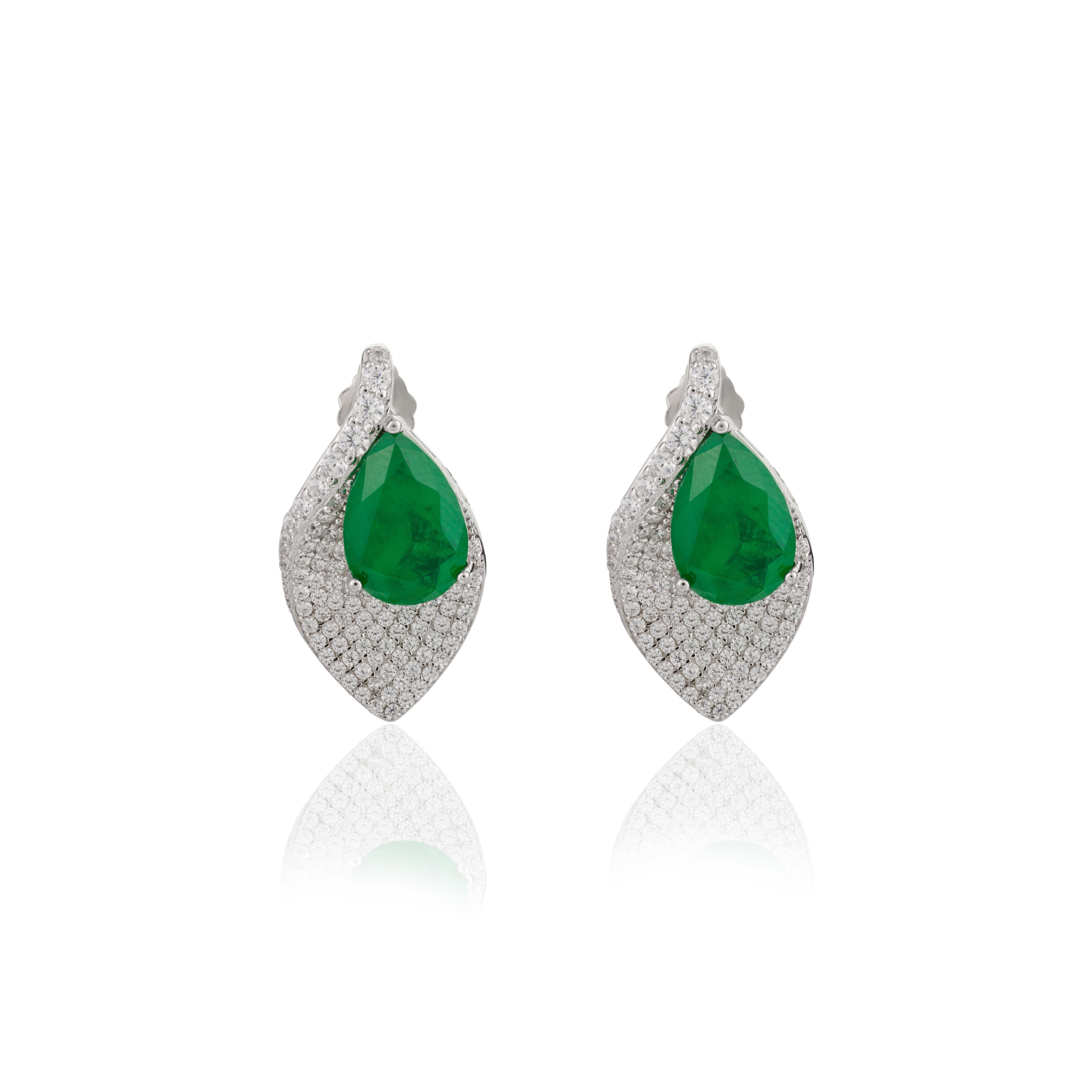 Art Deco Pave Set CZ and Green Pear Leaf Shape Stud Earrings for Mom in Sterling Silver For Sale