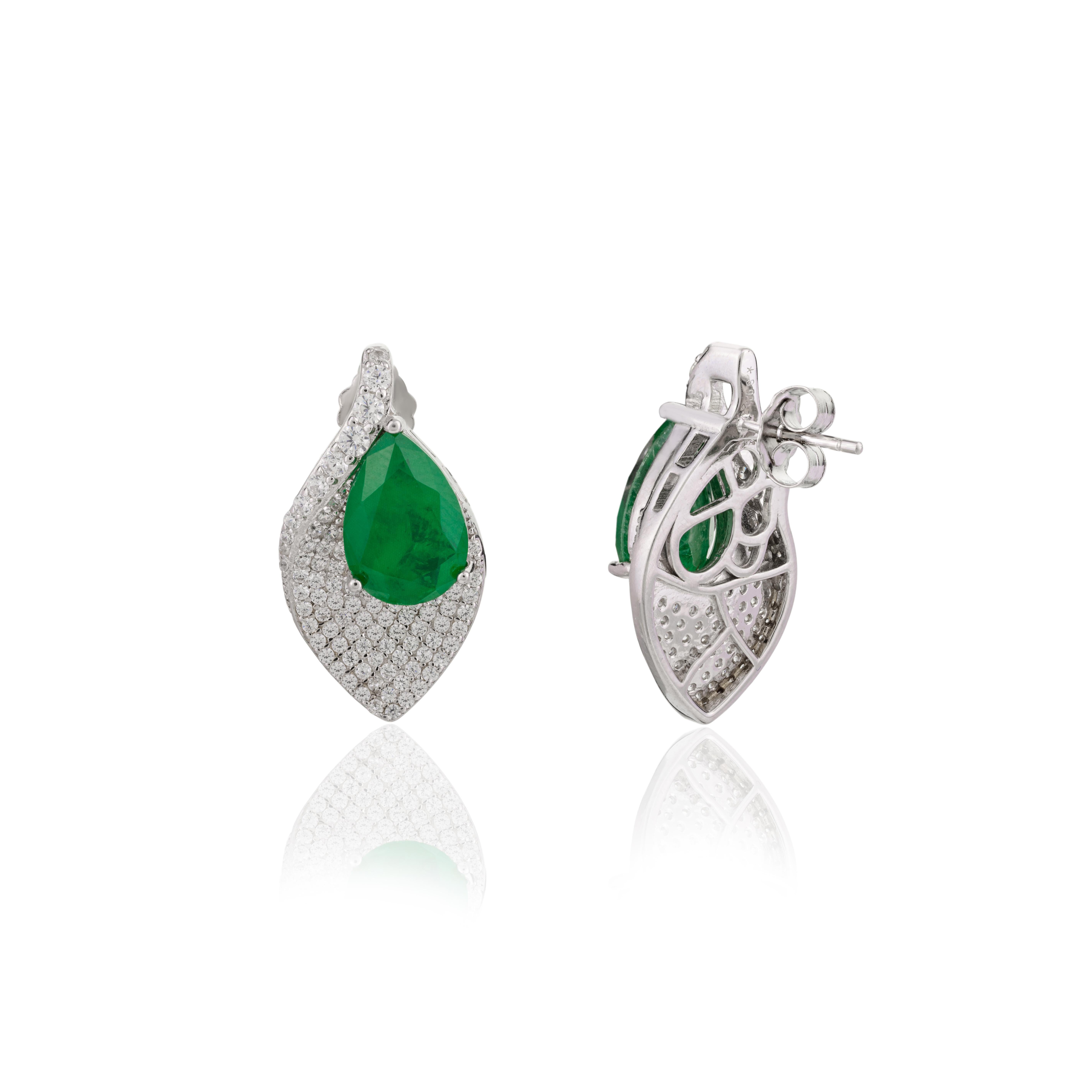 Pave Set CZ and Green Pear Leaf Shape Stud Earrings for Mom in Sterling Silver For Sale 1