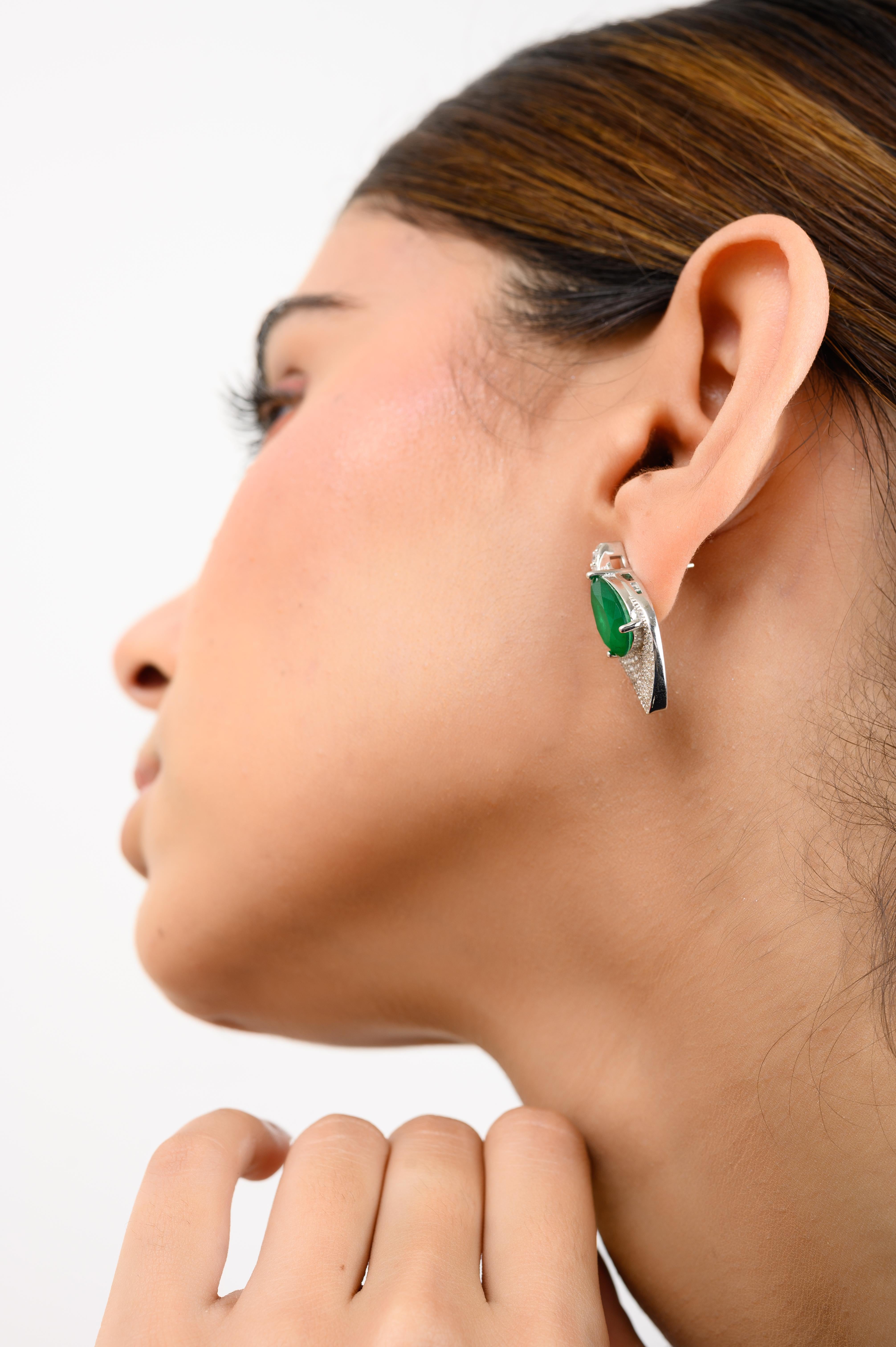 Pave Set CZ and Green Pear Leaf Shape Stud Earrings for Mom in Sterling Silver For Sale 2