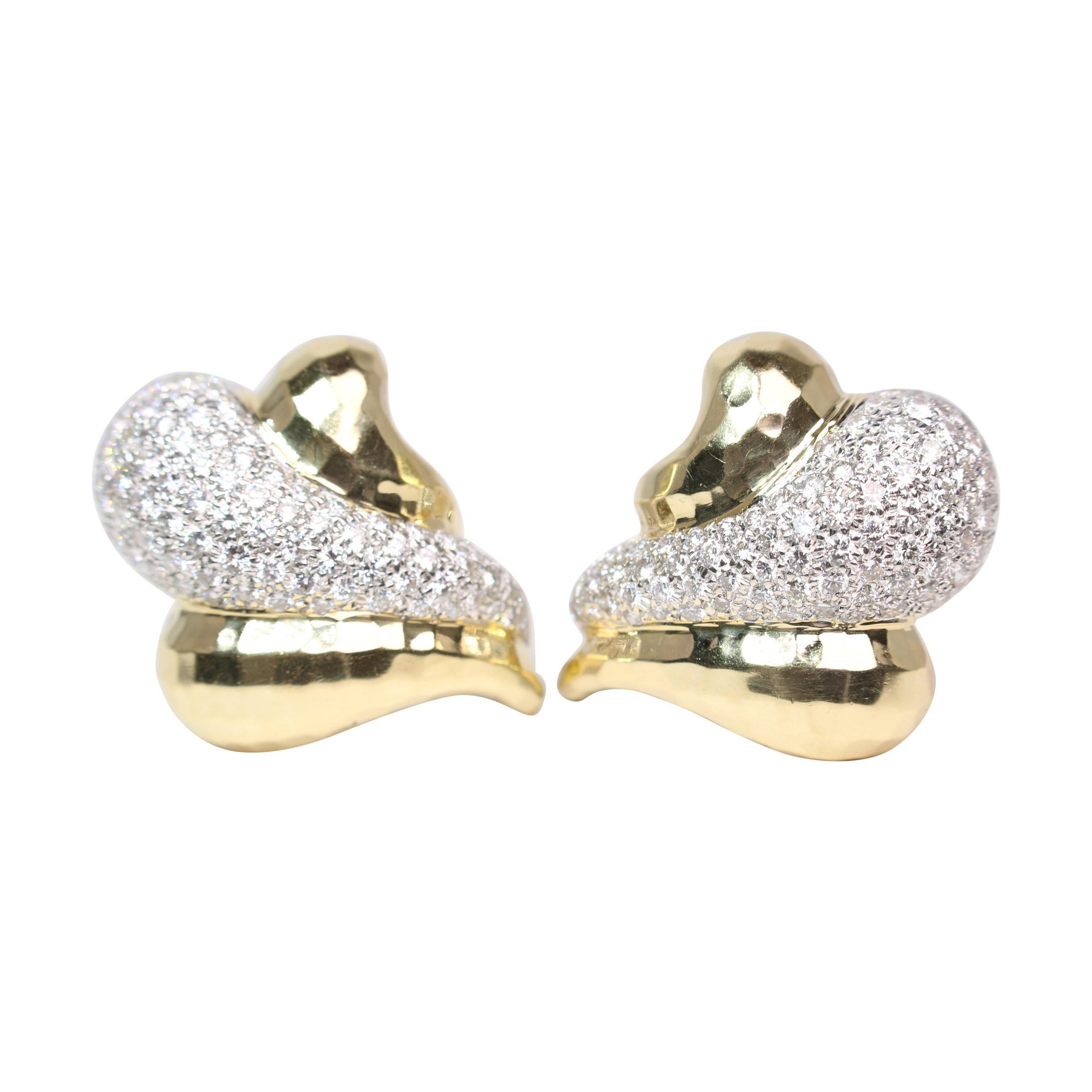 Pave Set Diamond and Gold Rotkel Clip-On Earrings