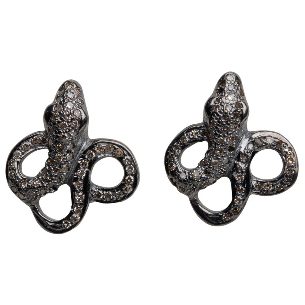 Pave Set Diamond and Sterling Silver Snake Post Earrings For Sale