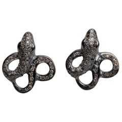 Pave Set Diamond and Sterling Silver Snake Post Earrings