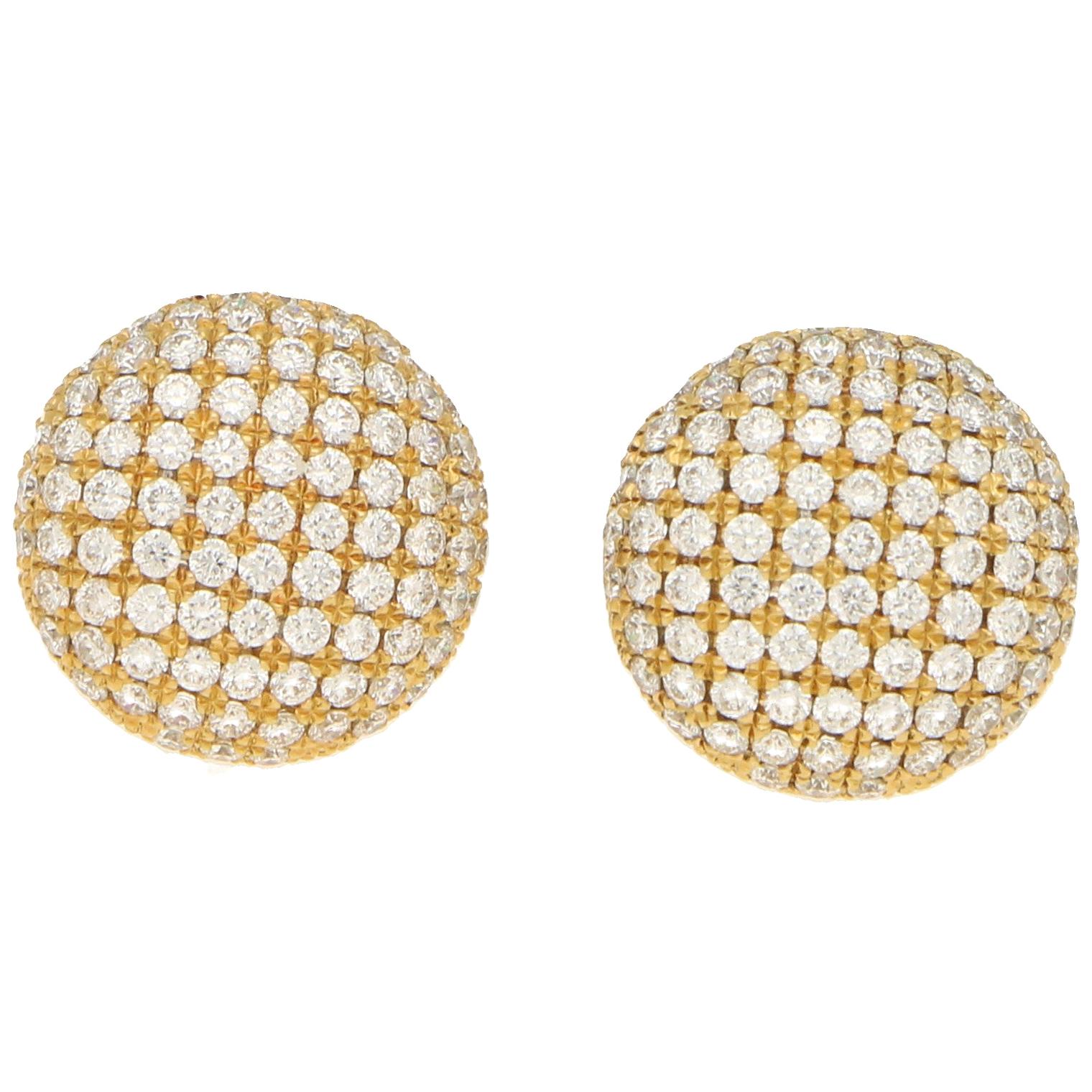 Diamond Domed Button Earrings Set in 18k Yellow Gold  For Sale