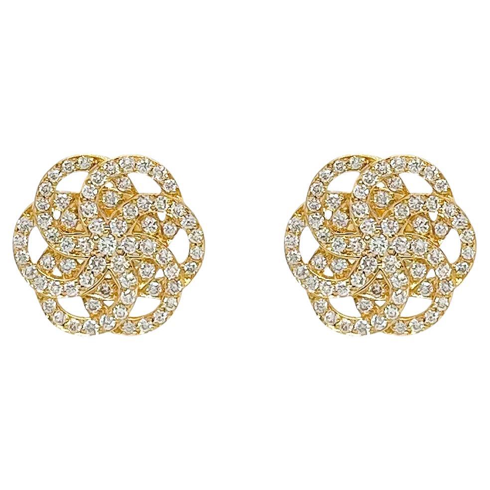 Pave Set Diamond Flower of Life Earrings in 18k Yellow Gold For Sale