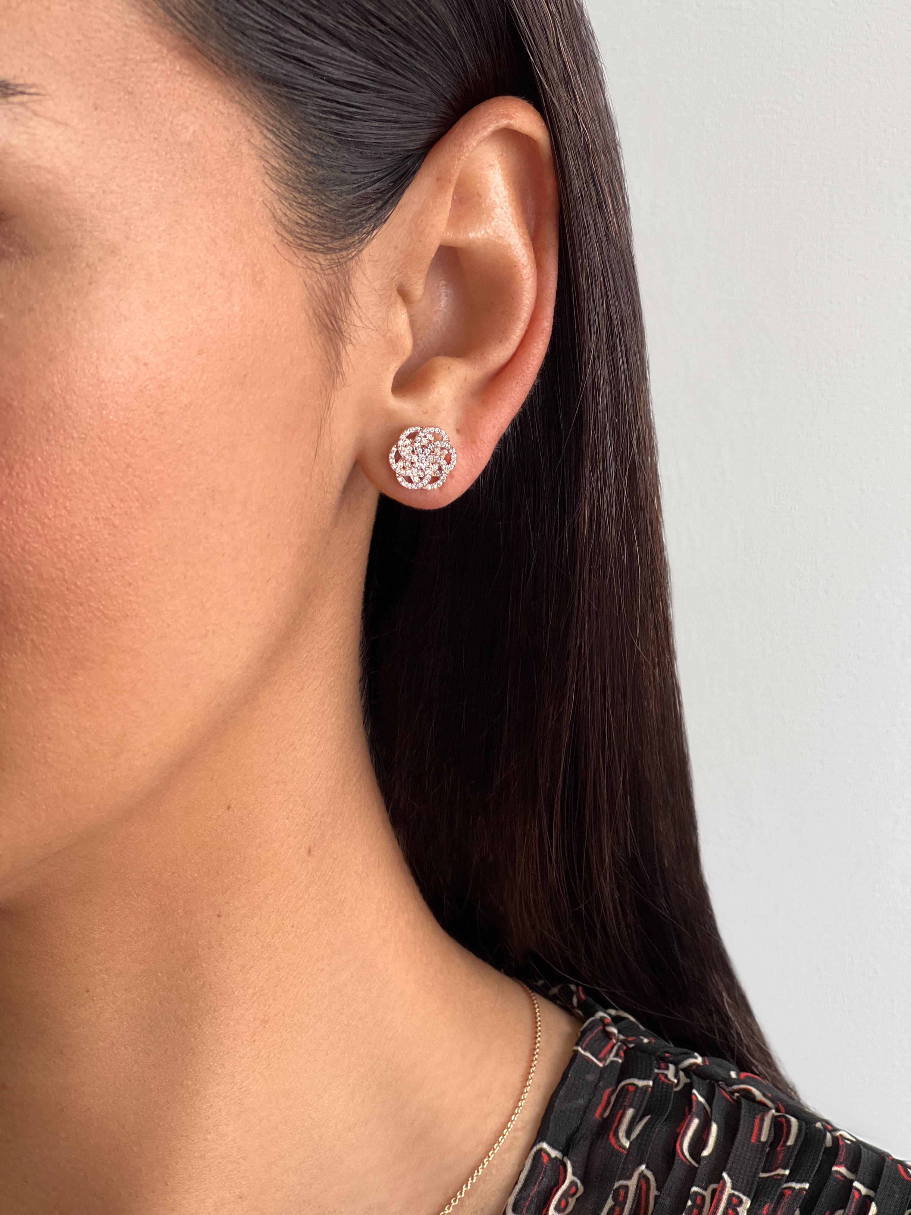 Modern Pave Set Diamond Flower of Life Earrings in 18k Rose Gold For Sale