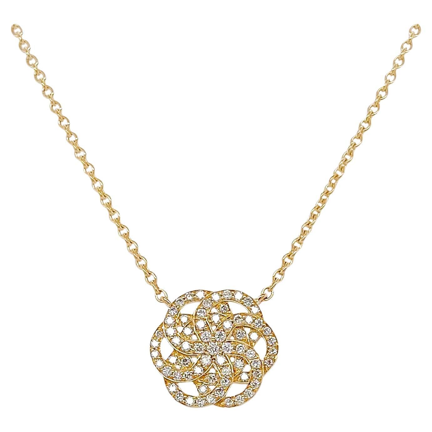 Pave Set Diamond Flower of Life Pendant in 18k Yellow Gold For Sale