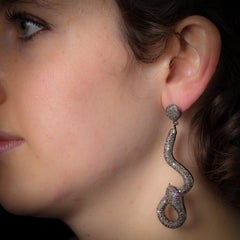 Pave Set Diamond Snake Dangle Earrings with Ruby Eyes