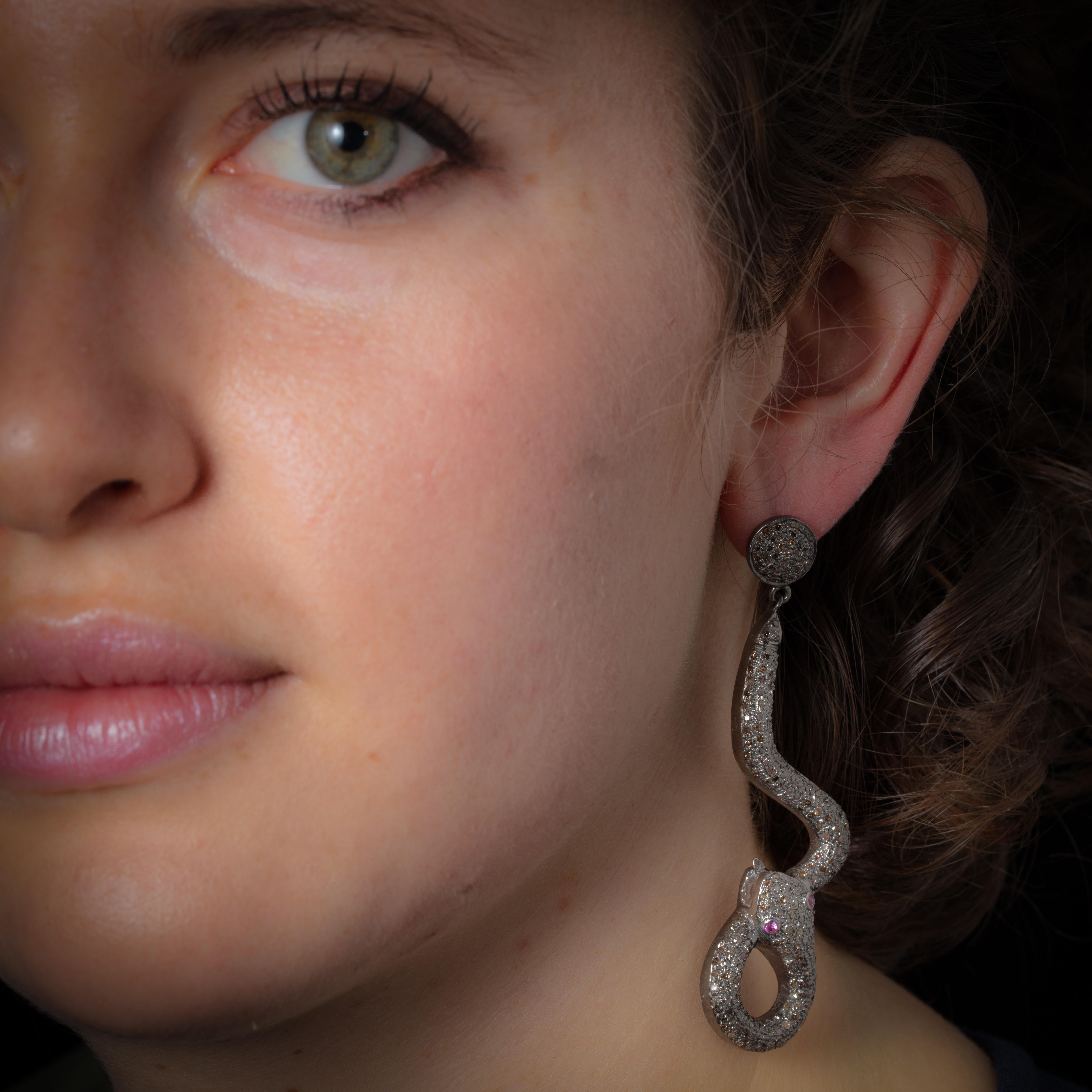 Pave Set Diamond Snake Dangle Earrings with Ruby Eyes In New Condition In Nantucket, MA