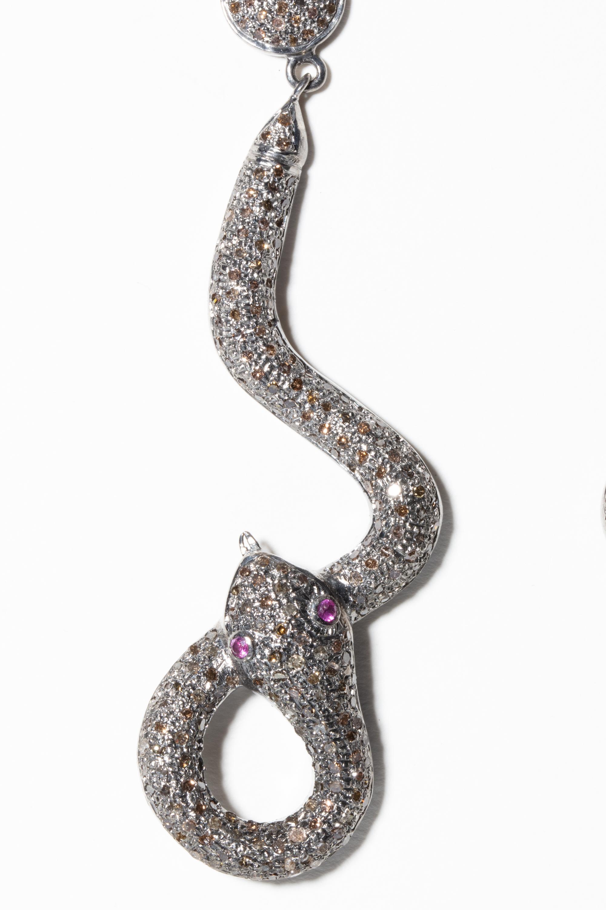 Pave Set Diamond Snake Dangle Earrings with Ruby Eyes 1