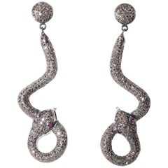 Pave Set Diamond Snake Dangle Earrings with Ruby Eyes