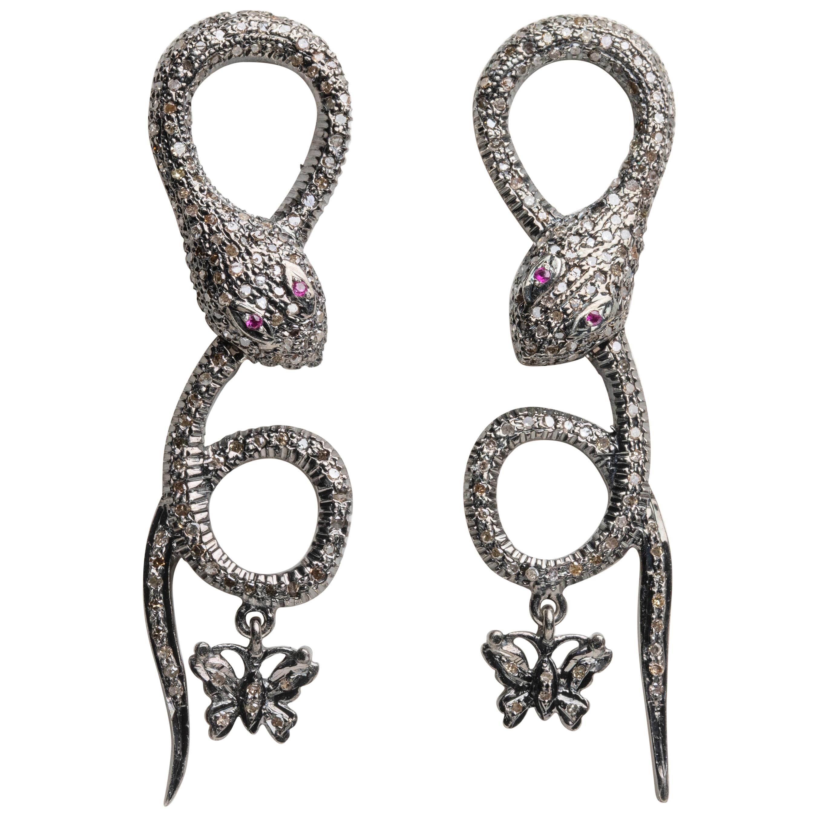 Pavé-Set Diamond Snake Dangle Earrings with Ruby Eyes