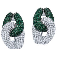 Pave Set Emerald and Diamond Link Earrings in 18KT White Gold