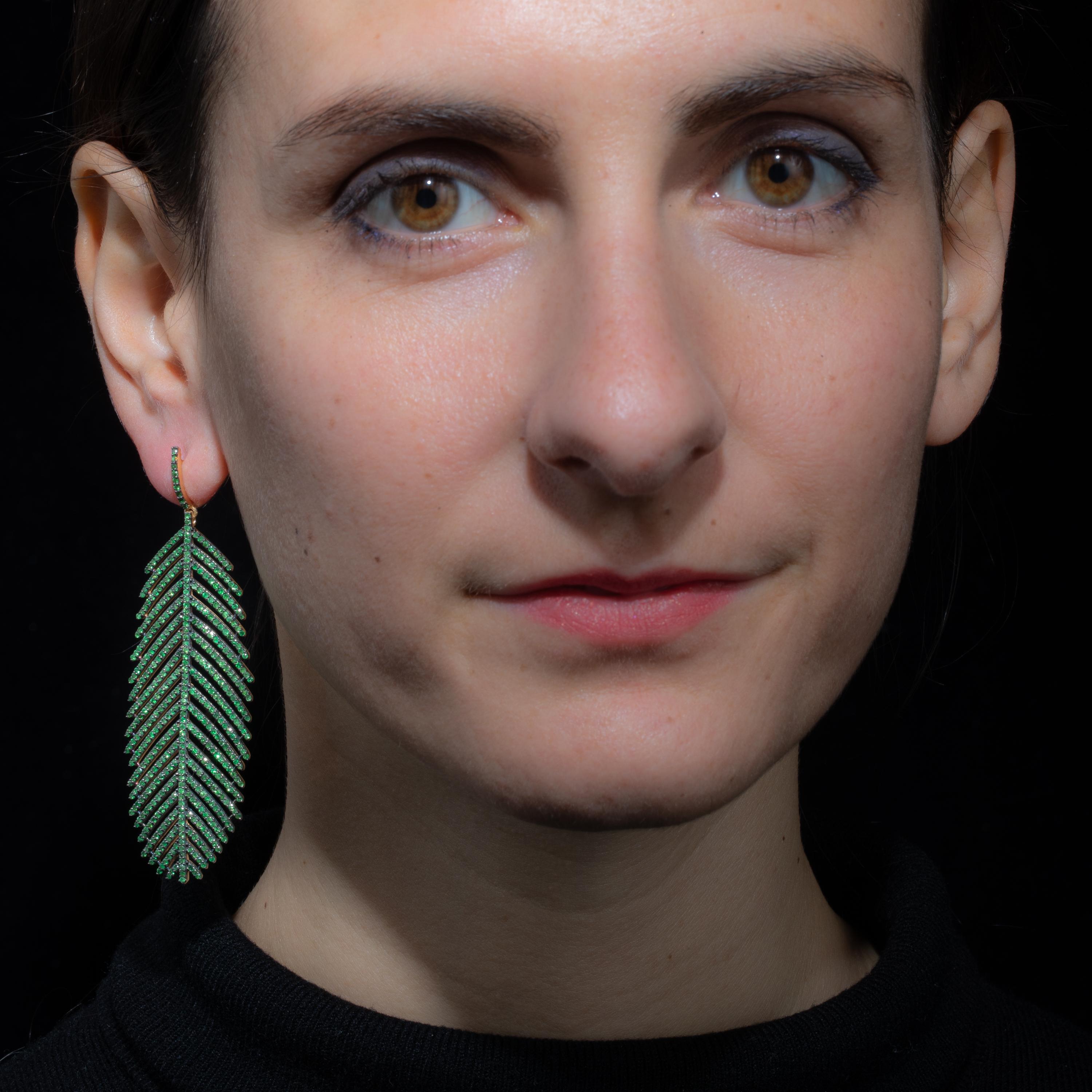 Women's or Men's Pave`-Set Emerald Feather Dangle Chandelier Earrings