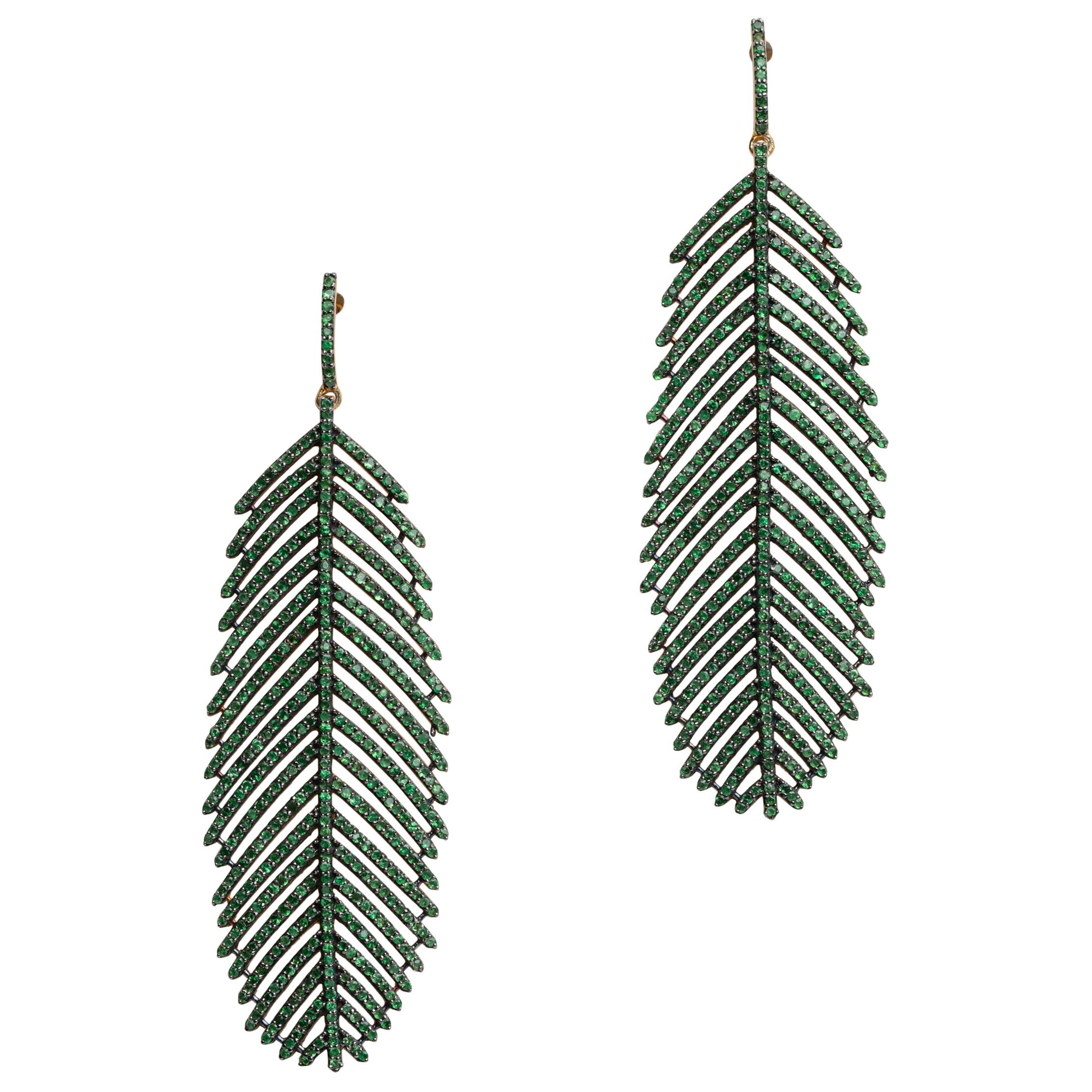 Pave`-Set Emerald Feather Dangle Chandelier Earrings
