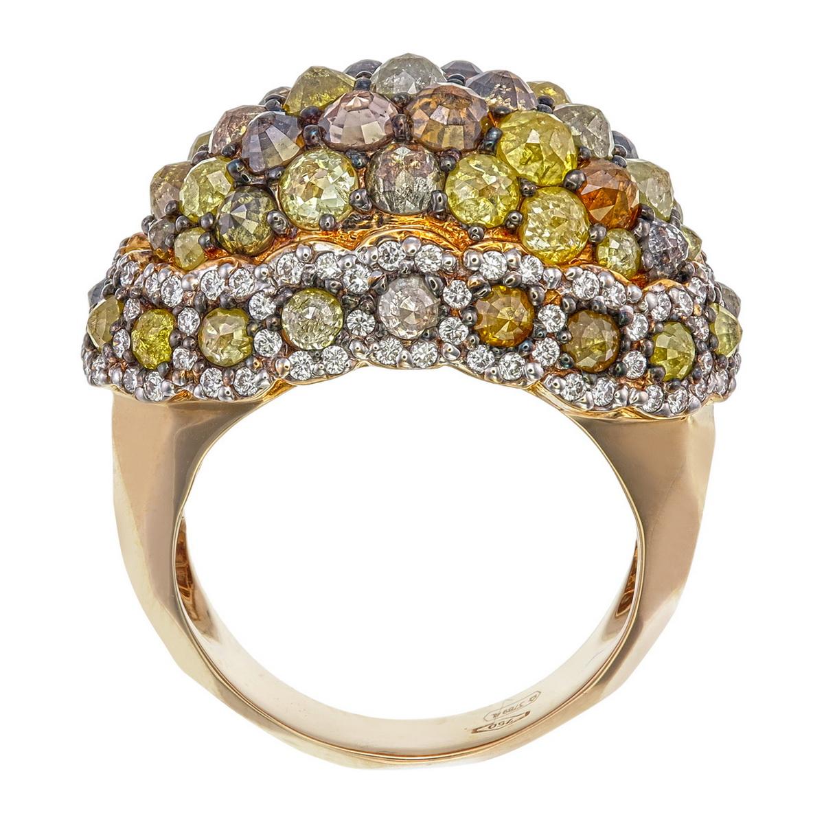 Contemporaneo Anello con cupola di diamanti colorati Pavé incastonati in oro rosa 18 carati in vendita