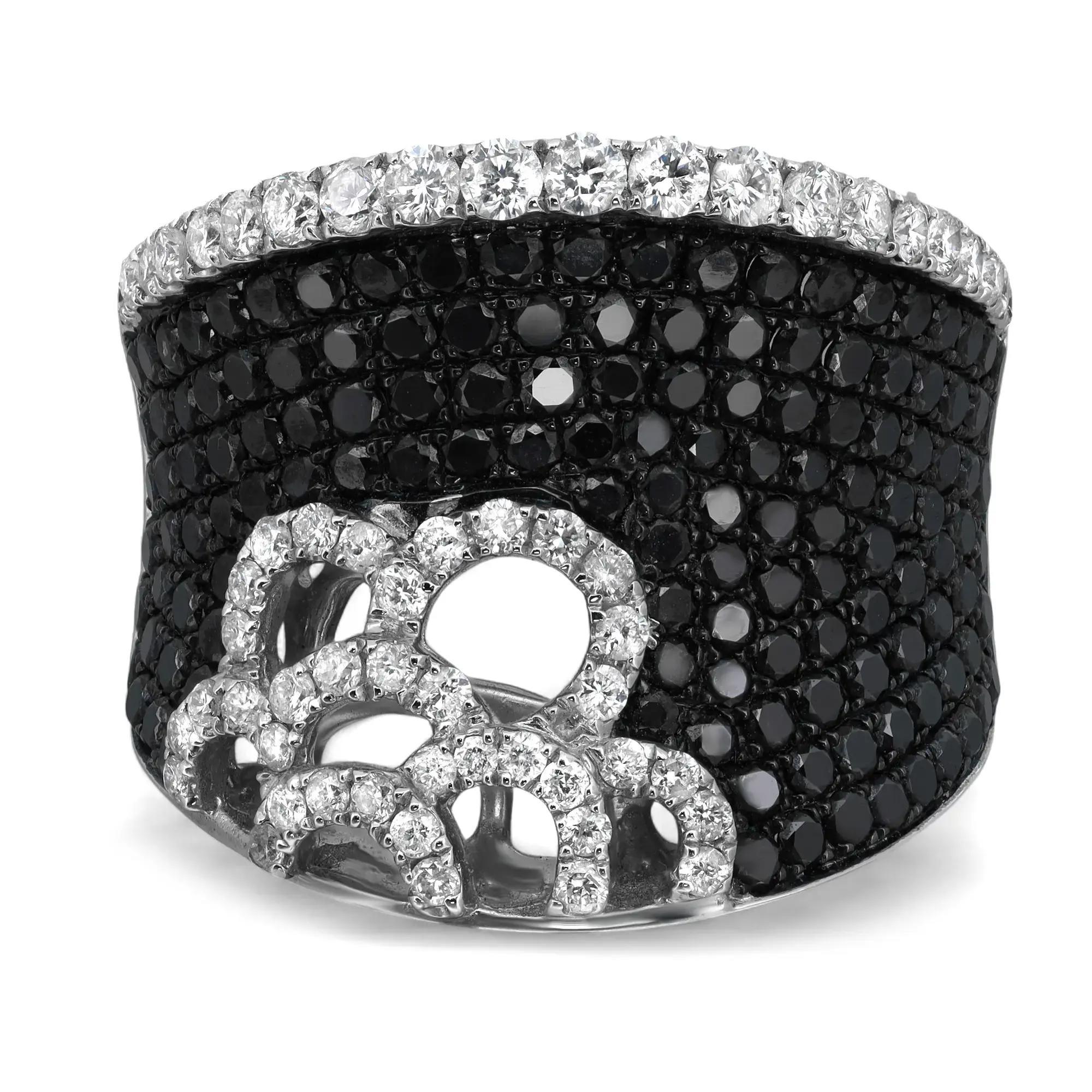 Pave Set Round Black & White Diamond Cocktail Band Ring 18K White Gold 2.40Ctw