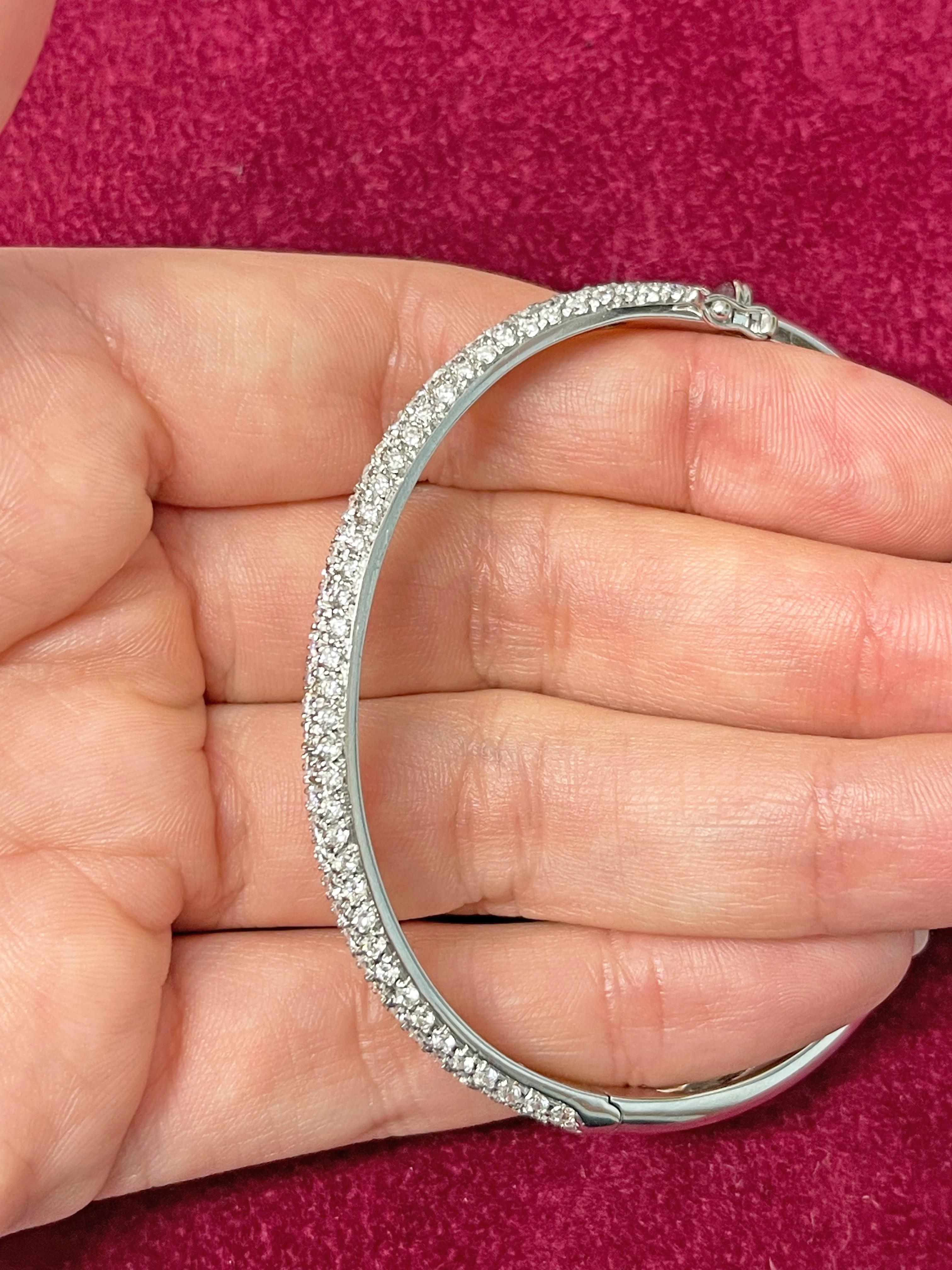 Pave Set Round Cut Diamond Bangle Bracelet 18 Karat White Gold 2.18 Carat For Sale 2