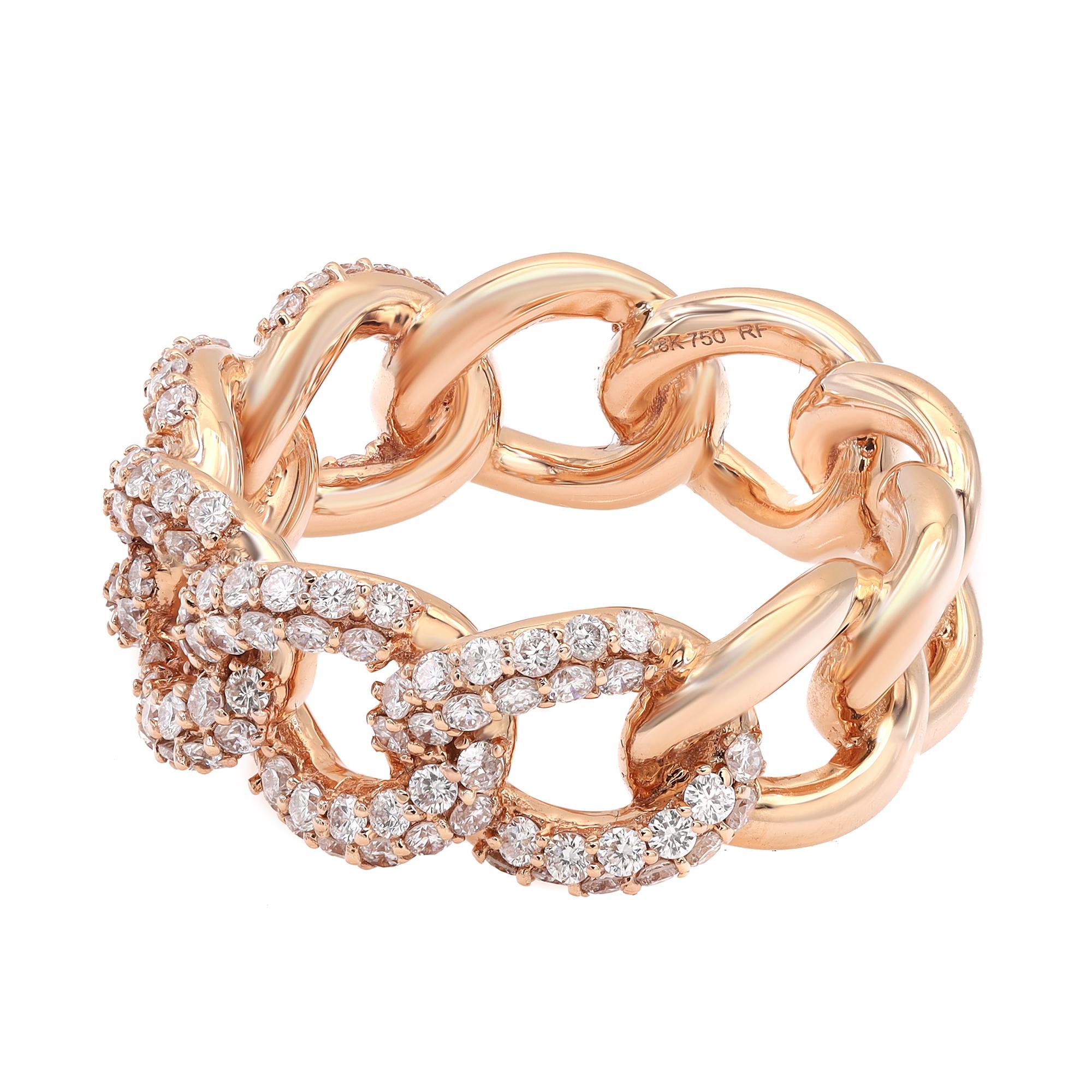 This classic yet elegant chain link ring band features pave set round brilliant cut diamonds encrusted halfway through the ring. Crafted in high polished 18k rose gold. Total diamond weight: 1.00Cttw. Diamond quality: Color G-H and Clarity VS-SI.