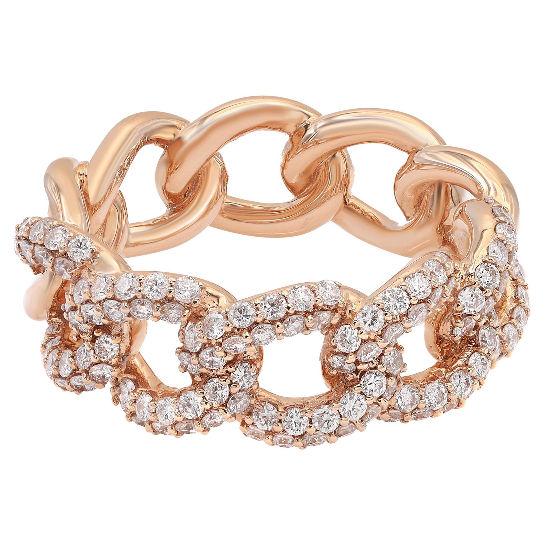 Pave Set Round Cut Diamond Chain Link Ring Band 18K Rose Gold 1.00Cttw Size 5.75 For Sale
