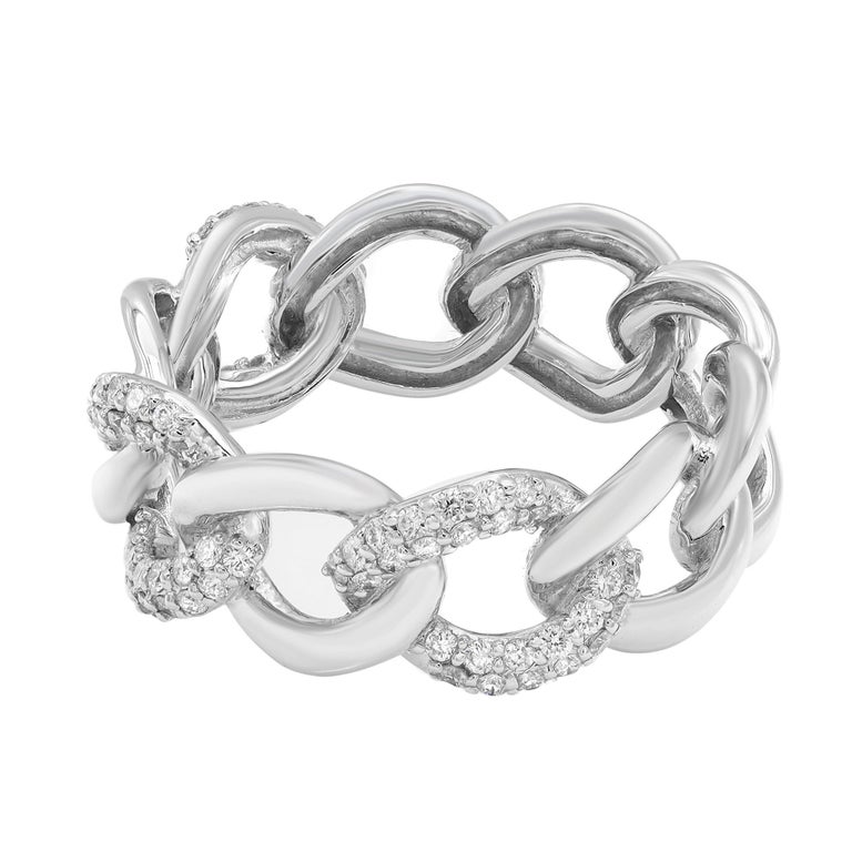 Pave Set Round Cut Diamond Chain Link Ring Band 18K White Gold 0.39cttw